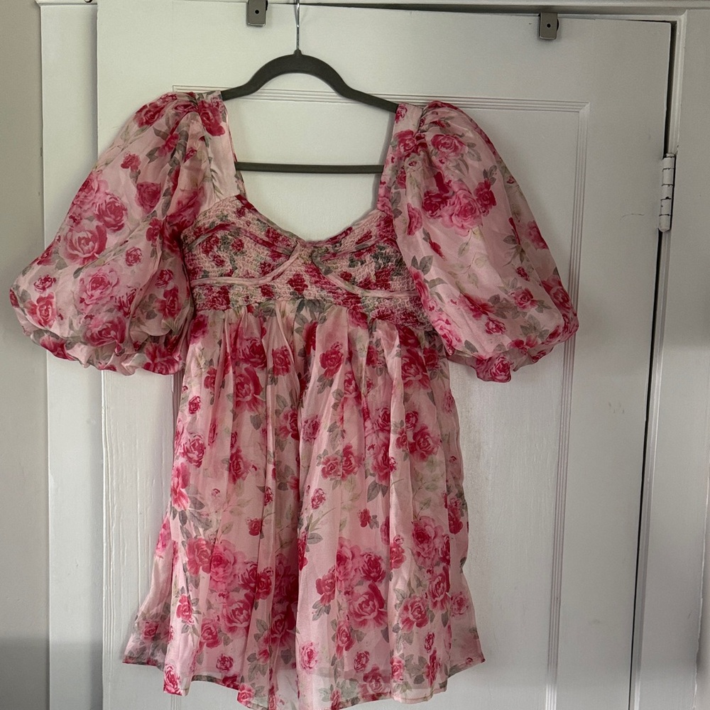 Chic Floral Pink Puff Sleeve Mini Dress